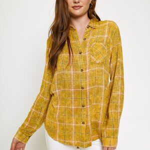 MYSTREE Mustard Yellow Plaid Button-Up Shirt, Fall Flannel Style Casual Layering